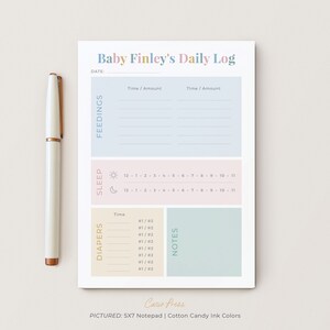 Personalized Baby Care Notepad, Colorful Tracking Charts, Custom Tracking Pad, Stationery 5x7 or 8x10 with 50 Sheets, Finley Infant Tracker