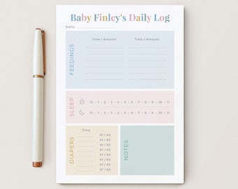 Personalized Baby Care Notepad, Colorful Tracking Charts, Custom Tracking Pad, Stationery 5x7 or 8x10 with 50 Sheets, Finley Infant Tracker