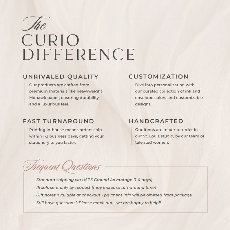May include: The Curio Difference: a text-based graphic outlining the company's commitment to quality, customisation, fast turnaround, and handcrafted products. The text is in a white font on a light pink background.