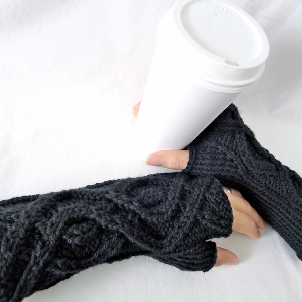 Black Cable Knit Merino Wool Arm Warmers, Women's Gloves Knit Wool Fingerless Gloves, Texting Gloves, Fingerless Mittens