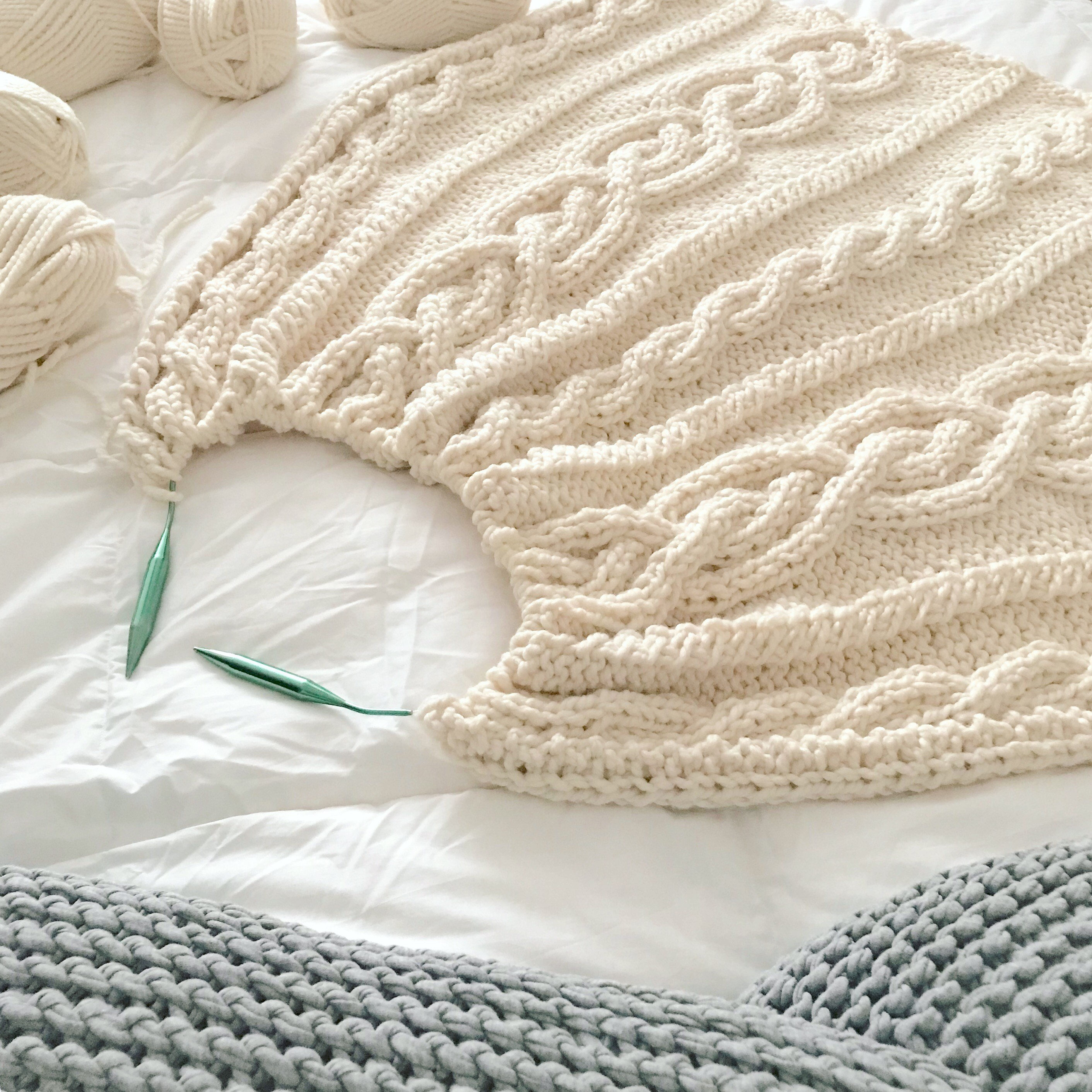 Chunky Wool Blend Knitted Blanket, Throw Blanket, Cable ...