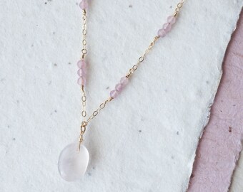 Rose Quartz Morganite Necklace for Women, Beaded Gemstone Necklace, Large Oval Quartz Necklace, Genuine Pink Gemstone Necklace Gold