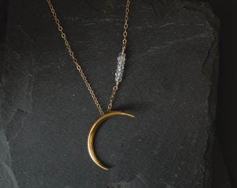 Large Moon Necklace Pendant for Women, Rainbow Moonstone Gold Chain Moon Necklace, Big Luna Crescent Moon Phase Pendant, 18k Gold Vermeil