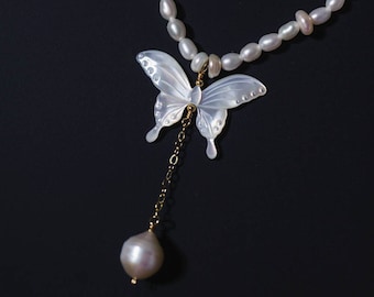 Baroque Pearl & Mother-Of-Pearl Butterfly Necklace in 14K Gold-Filled - June Birthstone, Gemstone Necklace, Gift for Her, Birthday Gift