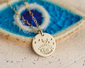 Evil Eye Charm Necklace with Custom Initial Add-On | 14K Gold-Filled, Hand-stamp Personalized Protective Amulet | Unique Gift for Her