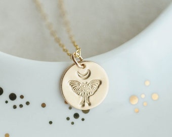 Luna Moth Charm Necklace with Custom Initial Add-On | 14K Gold-Filled, Hand-stamp Personalized Dainty Gold Charm | Moonlight Moth Gift