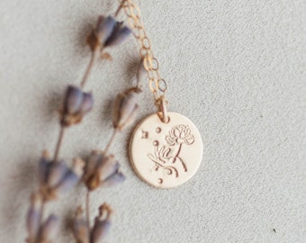 Self-Love Flower Charm Necklace | 14K Gold-Filled, Hand-stamp Personalized Dainty Gold Charm | Handmade Floral Self-Care Gift for Her