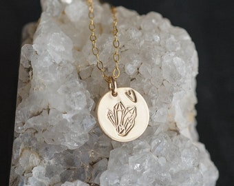 Crystal and Heart Charm Necklace | 14K Gold-Filled, Hand-stamp Dainty Gold Charm | Spiritual Inspired Positive Energy Unique Gift for Her