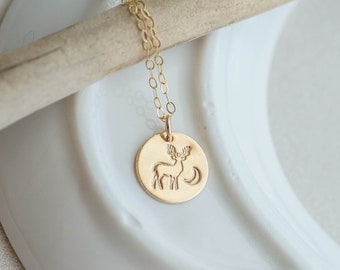 Deer Charm Necklace with Custom Initial Add-On | 14K Gold-Filled, Hand-stamp Personalized Dainty Gold Charms | Nature-Inspired Gift for Her