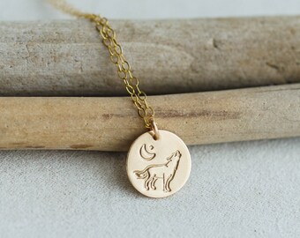 Wolf Charm Necklace with Custom Initial Add-On | 14K Gold-Filled, Hand-stamp Personalized Dainty Gold Charm | Nature-Inspired Gift for Her