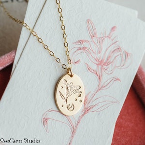 Lily Flower Charm Necklace with Custom Initial Add-On 14K Gold-Filled, Hand-stamp Personalized Floral Gold Charm Nature Inspired image 1