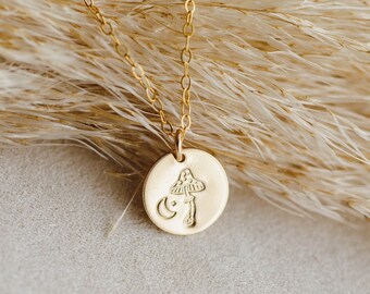 Mushroom Charm Necklace with Custom Initial Add-On | 14K Gold-Filled, Hand-stamp Personalized Dainty Gold Charm | Unique Gift for Her