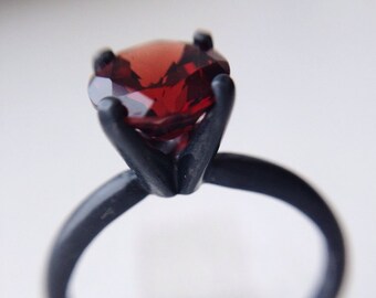 Natural Mozambique Garnet Ring in Classic Deep-V Setting - Oxidized Silver Rings, SFEtsy, Love