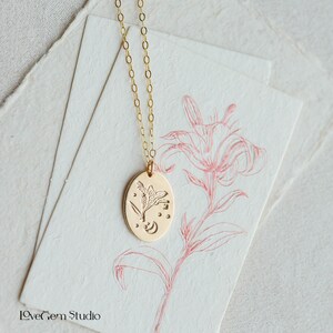 Lily Flower Charm Necklace with Custom Initial Add-On 14K Gold-Filled, Hand-stamp Personalized Floral Gold Charm Nature Inspired image 5