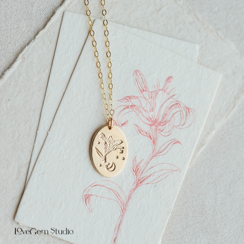 Lily Flower Charm Necklace with Custom Initial Add-On 14K Gold-Filled, Hand-stamp Personalized Floral Gold Charm Nature Inspired image 5