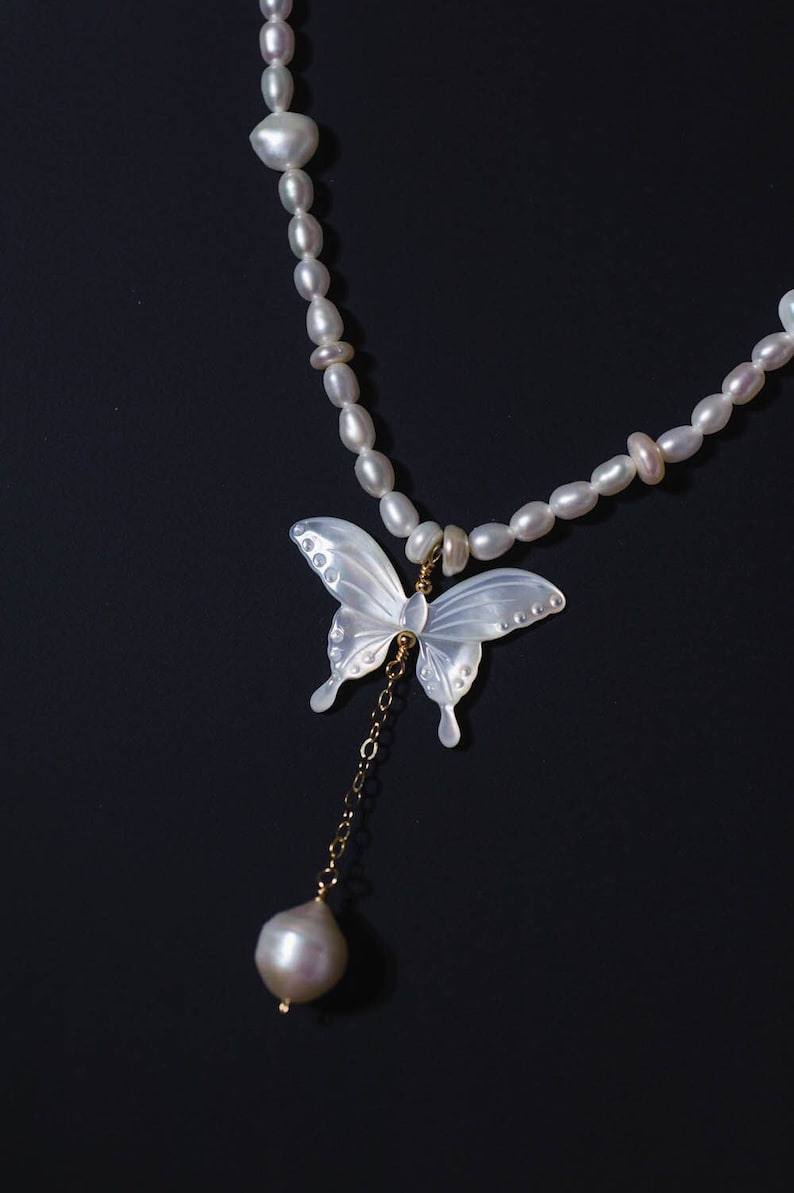 Baroque Pearl & Mother-Of-Pearl Butterfly Necklace in 14K Gold-Filled June Birthstone, Gemstone Necklace, Gift for Her, Birthday Gift image 1