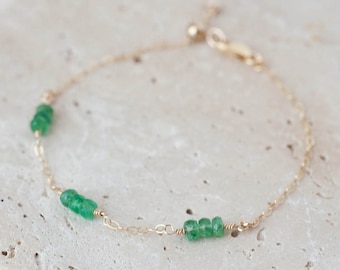 Emeral Array Bracelet for Women, Triple Array Dainty Beaded Green Emerald Bracelet, Genuine May Birthstone Bracelet Gold, Adjustable Ball