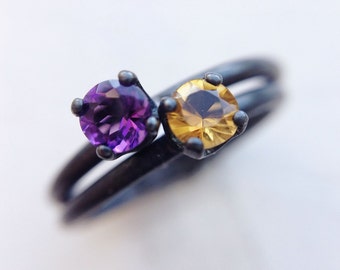 Stackable Birthstone Rings - Oxidized Silver Rings