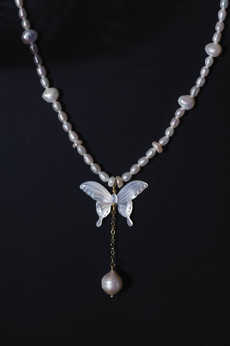 Baroque Pearl & Mother-Of-Pearl Butterfly Necklace in 14K Gold-Filled June Birthstone, Gemstone Necklace, Gift for Her, Birthday Gift image 2