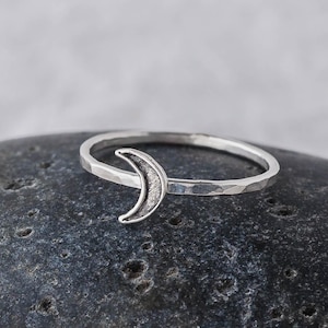 Lyra | Oxidized Crescent Moon Sterling Silver Ring | Moon Phase Skinny Stackable Ring Celestial Minimalist Dainty Lunar Jewelry Gift for Her