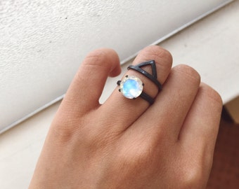 Ring Set - 9mm Rainbow Moonstone Ring and Chevron Ring - Engagement Ring - Recycled Silver Ring, Oxidized Silver Ring, SFEtsy