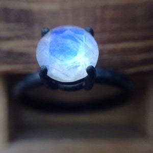 7mm Magnificent Rainbow Moonstone Ring - Engagement Ring - Recycled Silver Ring, Oxidized Silver Ring, SFEtsy