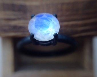 7mm Magnificent Rainbow Moonstone Ring - Engagement Ring - Recycled Silver Ring, Oxidized Silver Ring, SFEtsy