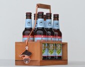Wooden Beer Carrier, Six Pack Carrier with Copper Beer Bottle Opener