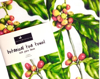 Botanical Coffee Plant Linen Tea Towel: Original Art by Julie McEnerny