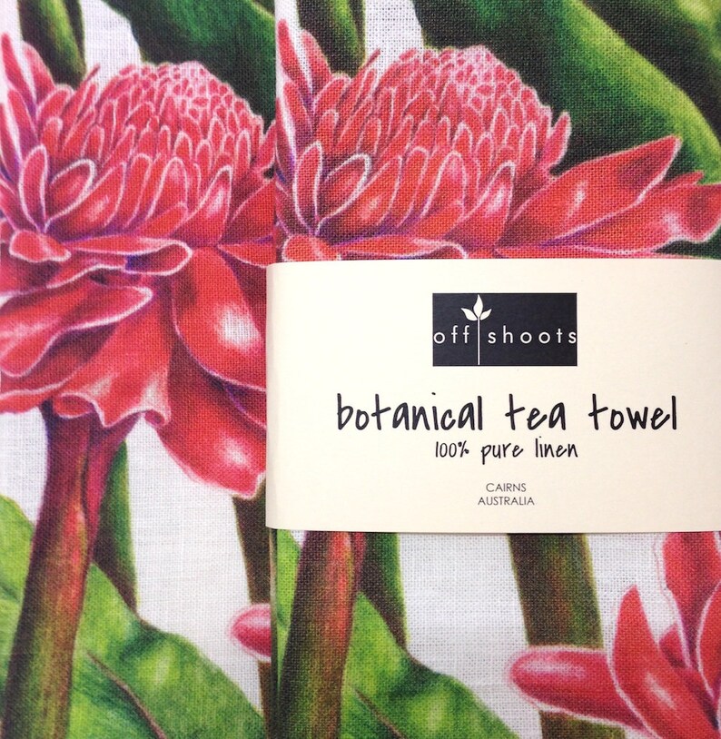 Linen tea towel, Tropical Torch Ginger botanical art by Australian artist & seller Julie McEnerny image 2