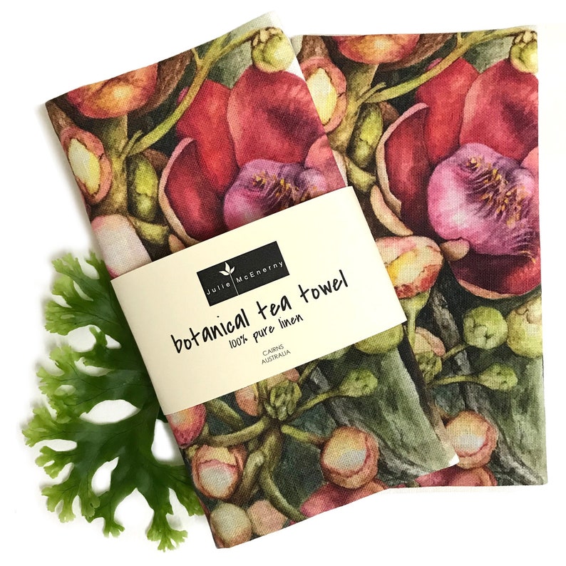 Linen Tea Towel, original botanical art by artist & seller Julie McEnerny features cannonball tree flowers image 1
