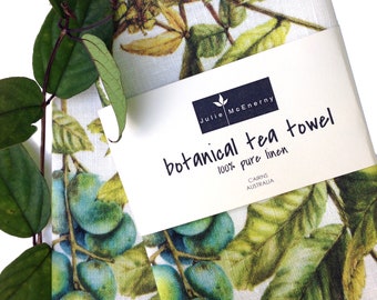 Davidson's Plum Linen Tea Towel, original botanical art of Davidsonia pruriens, Nth Queensland rainforest superfood, artist Julie McEnerny