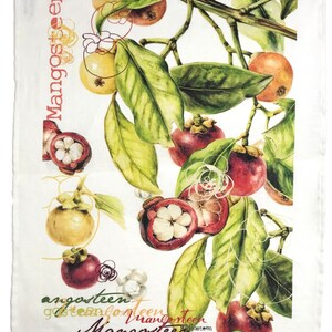 May include: A white tea towel with a watercolor illustration of mangosteens on a branch with green leaves. The text "Mangosteen" is repeated in various sizes and orientations on the towel. The text "www.juliemccernry.com.au" is printed in the bottom right corner.