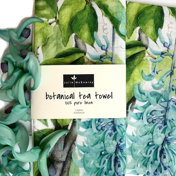 Jade Vine 100% Linen Tea Towel, original botanical art by Australian artist Julie McEnerny