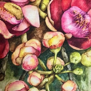 Linen Tea Towel, original botanical art by artist & seller Julie McEnerny features cannonball tree flowers image 2