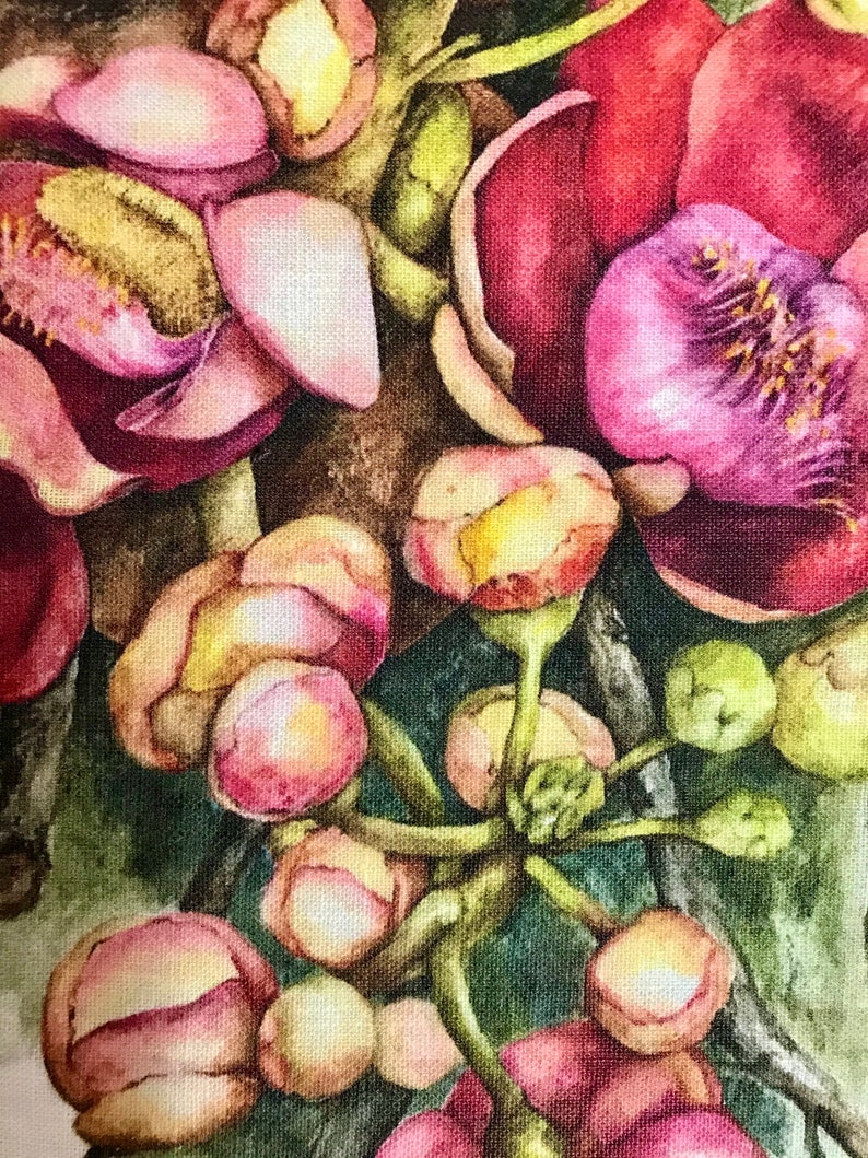 Linen Tea Towel, original botanical art by artist & seller Julie McEnerny features cannonball tree flowers image 2