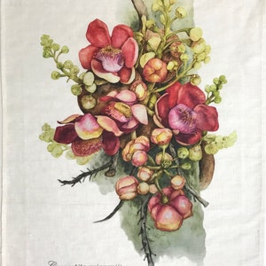 Linen Tea Towel, original botanical art by artist & seller Julie McEnerny features cannonball tree flowers image 3