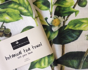 Botanical Tea Plant Linen Tea Towel: Camellia Sinensis Original Art