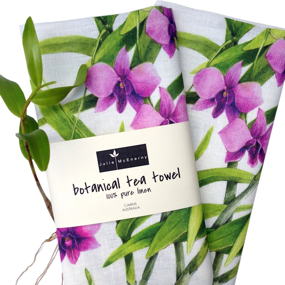 Australian Orchid Botanical Tea Towel, 100 Linen, Queensland Floral Emblem, Cooktown Orchid