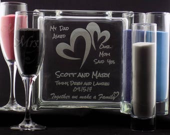 SALE! 40% OFF! Happy B-day Etsy! Personalized Blended Family Sand Ceremony Set 8" Glass Block w/choice of 3 Pouring Containers Extra Avail
