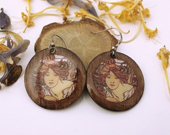 Art Nouveau Earrings: Inspired by Alphonse Mucha and Crafted in Wood and Sterling Silver 925.