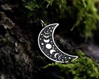 Celestial Moon Phases Pendant Space Universe - Witch pendant. Sterling Silver Cosmic Jewelry by Owieru