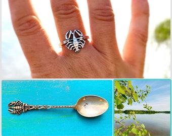 funny ring with a lobster from the end of a souvenir spoon, 800 silver, cutlery jewelry