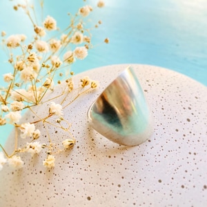 Può includere: Un anello d'argento con una forma curva e arrotondata, appoggiato su una superficie bianca con piccoli punti macchiati. L'anello è posizionato al centro dell'immagine.