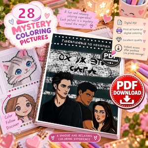 Könnte beinhalten: Ein digitales Malbuch mit 28 mysteriösen Bildern und einem Twilight-Cover mit drei Charakteren. Das Cover enthält den Text 'ОХ УЖ ЭТА САГА' und 'PDF download'. Das Set enthält druckbare Seiten für den Gebrauch zu Hause.