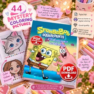 Puede incluir: Un libro de colorear digital con Bob Esponja y Patricio Estrella en la portada. El libro de espiral incluye 44 dibujos para colorear misteriosos, con texto que indica la disponibilidad de descarga en PDF y opciones para imprimir en casa.
