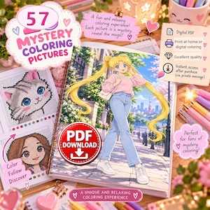 Puede incluir: Un libro de colorear digital con 57 imágenes misteriosas. La portada muestra un personaje de estilo anime con cabello largo rubio, una camisa rosa de manga larga y pantalones vaqueros azules, junto a ejemplos de retratos pixelados.