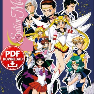 Può includere: Un download PDF digitale con una grafica Coloriages Mistery di Sailor Moon. L'illustrazione mostra un gruppo di personaggi anime in uniformi colorate con varie acconciature, tra cui bionde, nere, castane e verde acqua, su uno sfondo blu scuro con macchie dorate.