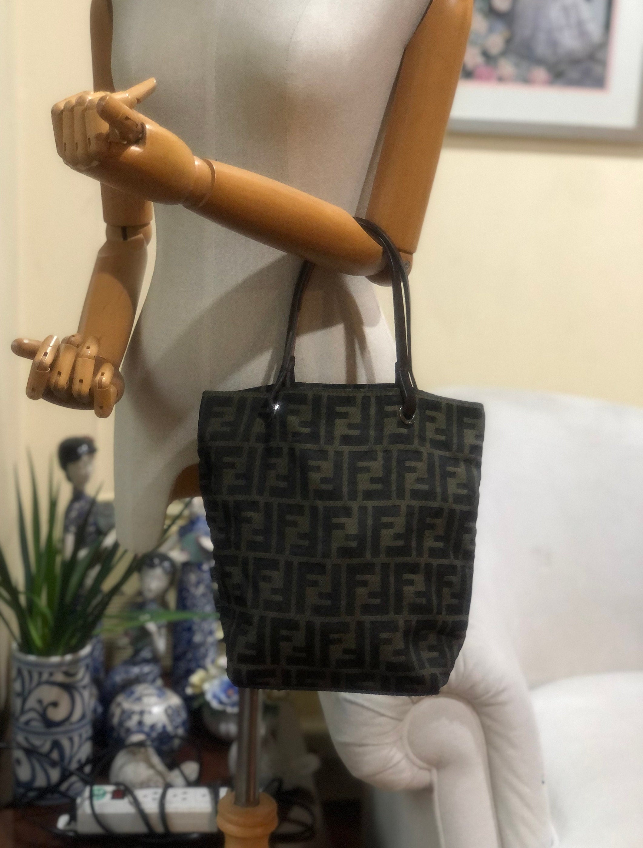 FENDI Vintage Small Tote Black & Brown Canvas Shopping Bag 