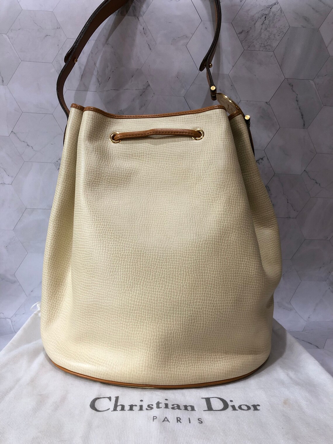 Christian Dior Bucket Bag Authentic Beige Pebble Leather Etsy